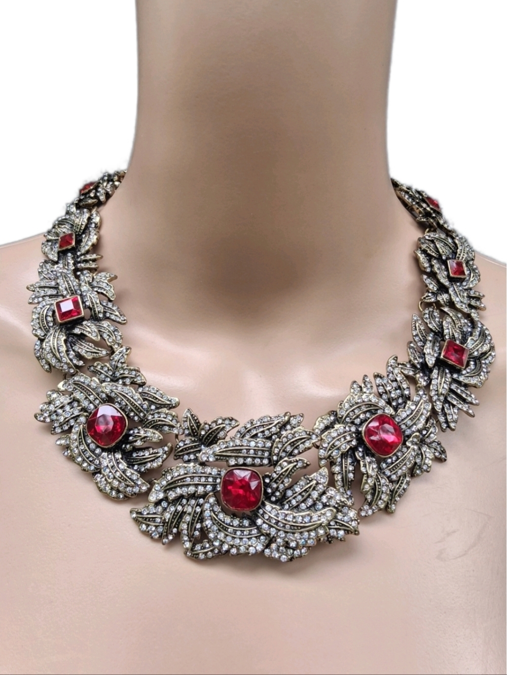 OPC Off Park Collection Ruby Red Crystal Foliage Statement Necklace